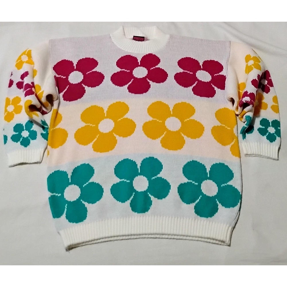 VTG Freeze Frame Daisy Flower Knit Sweater White Pink Kidcore Mod M